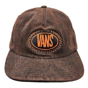 Vans Brown Denim Snapback Hat With Embroidered Orange Logo